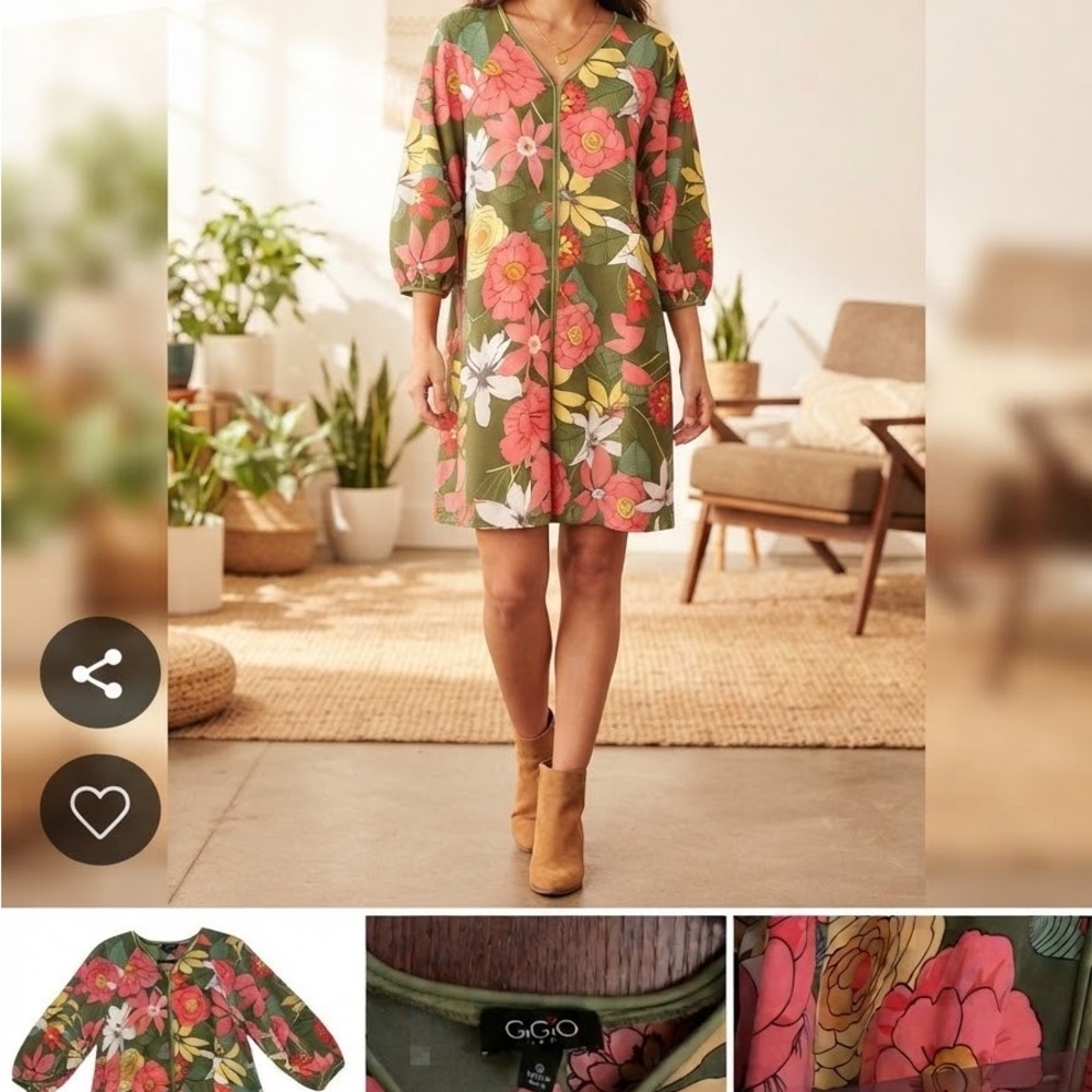GIGIO USA Olive Green Pink Floral Shift Mini Dress V-Neck 3/4 Sleeve Size S